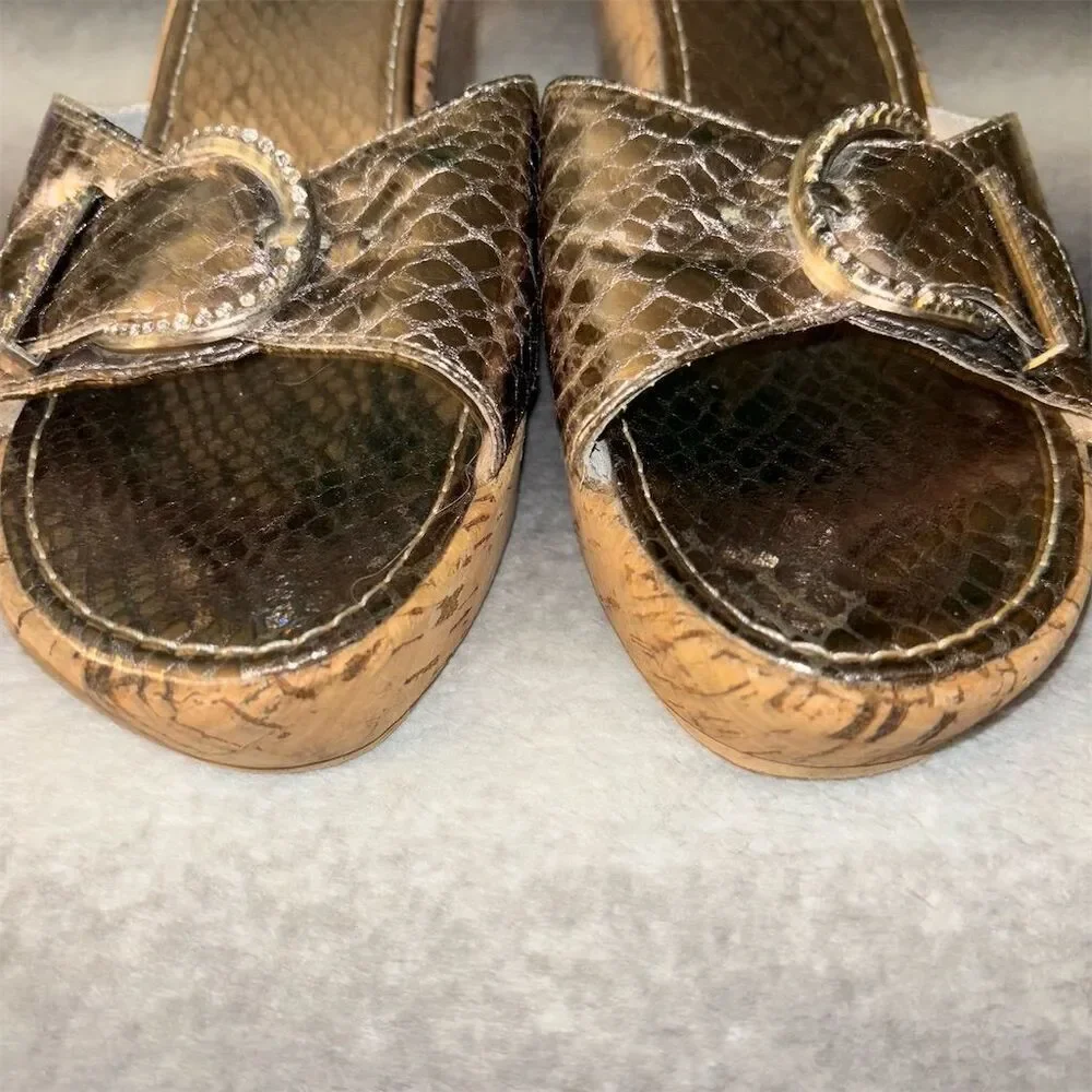 Yellow Box Shelly Bronze Rhinestone Snakeskin Cork Wedge Sandals - Picture 7 of 12